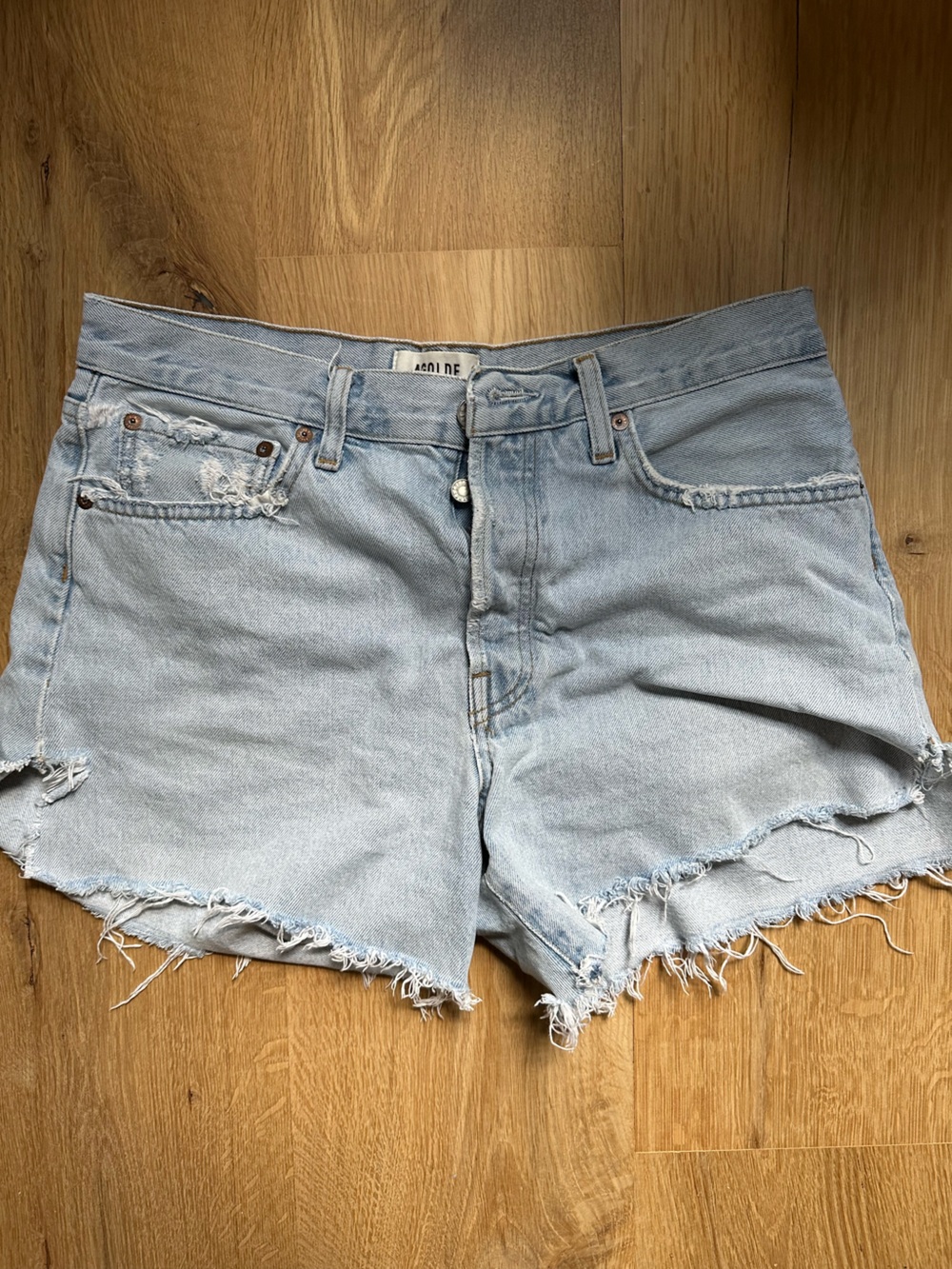 Agolde Light Wash Distressed Denim Cutoff Shorts - Parker Long